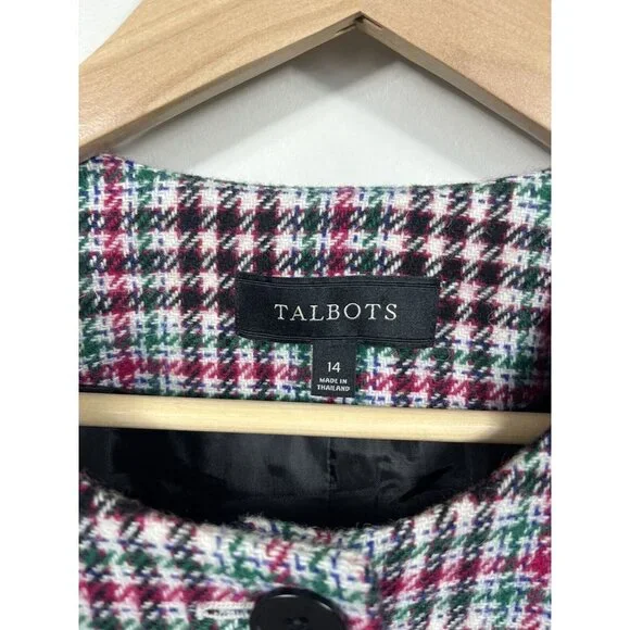 Talbots Blazer Womens 14 Pink Green Blue Houndstooth Collarless Wool Pockets - Picture 6 of 12
